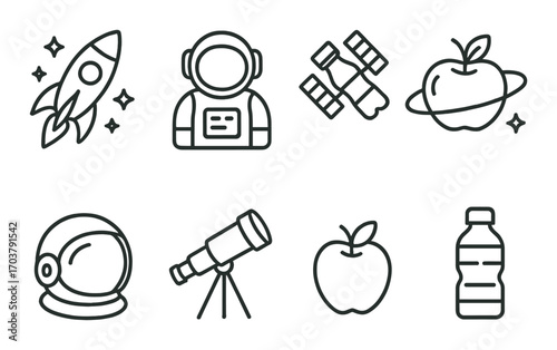 Space exploration icons: rocket, astronaut, satellite, apple, telescope, helmet, bottle