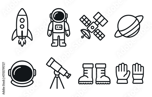 Space exploration icons: rocket, astronaut, satellite, planet, telescope, helmet, boots, gloves