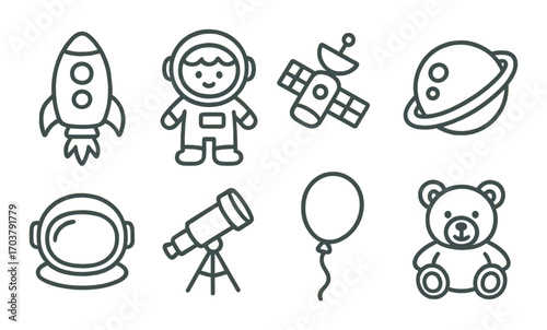 Space adventure icons: astronaut, rocket, telescope, and more