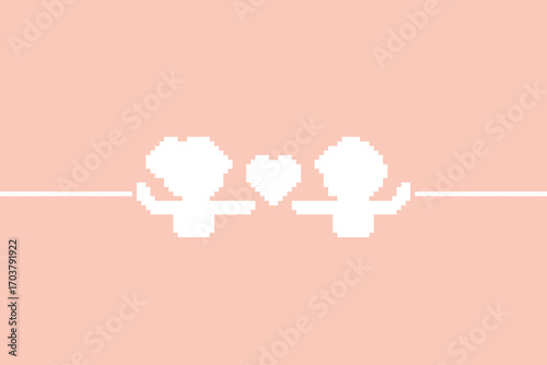 Pixel art cartoon 8bit background couple together feel love happy heart soulmate relationship decoration 8 bit couple in love valentine day game character vector.

