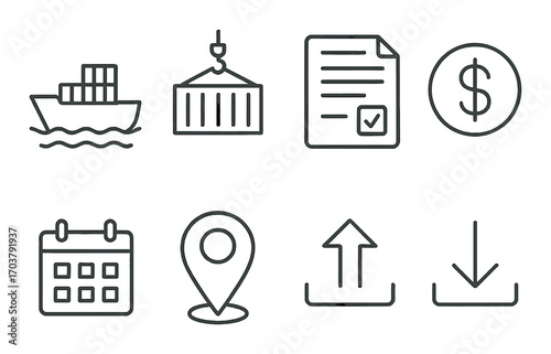 Shipping icons set: boat, container, document, dollar, calendar, location, upload, download
