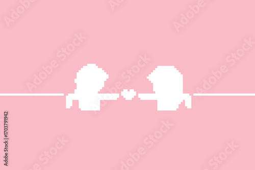 Pixel art cartoon 8bit background couple together feel love happy heart soulmate relationship decoration 8 bit couple in love valentine day game character vector.
