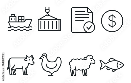 Icons of global trade and agriculture: shipping, finance, livestock, and poultry