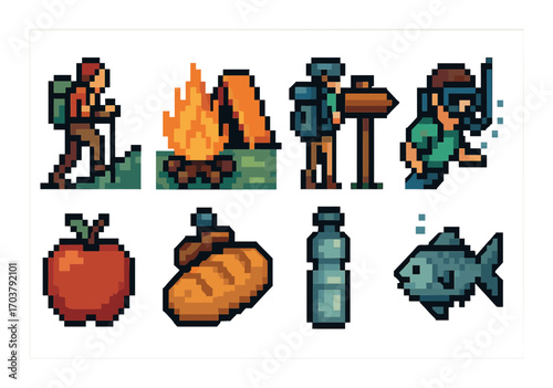 Pixel art outdoors adventure icons: hiking, camping, fishing, and food