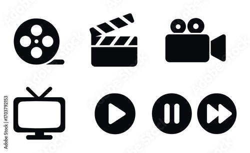Set of dark film and media icons with camera, clapperboard, and playback controls