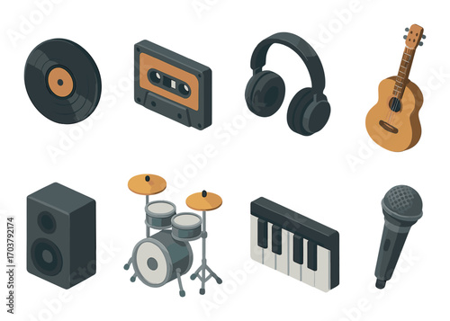 Isometric musical instruments collection: vinyl, cassette, headphones, guitar, drum, piano, speaker, microphone