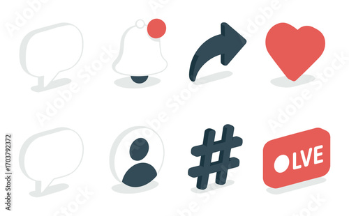Set of eight social media icons featuring heart, chat, notification, share, and hashtag symbols
