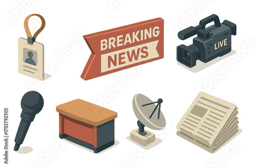 Broadcast news elements: microphone camera desk satellite newspaper