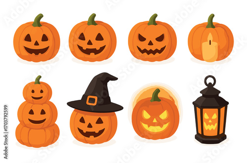 Smiling jack-o'-lanterns and halloween icons on glowing background