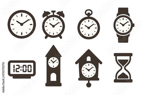 Various types of clocks and timepieces on a wooden background