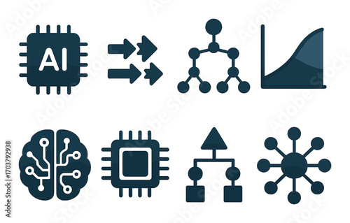 Abstract ai icons featuring neural network, chip, graph, and flowchart symbols