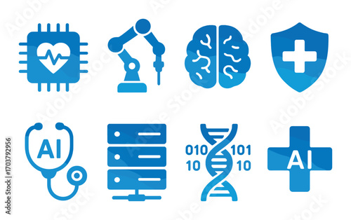 Futuristic medical technology icons in glowing blue neon style