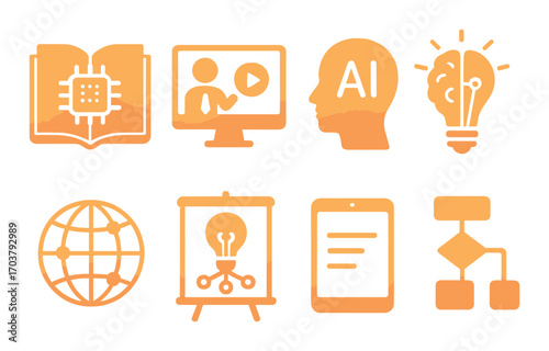 Glowing tech icons featuring book, computer, head, lightbulb, globe, easel, paper, cube
