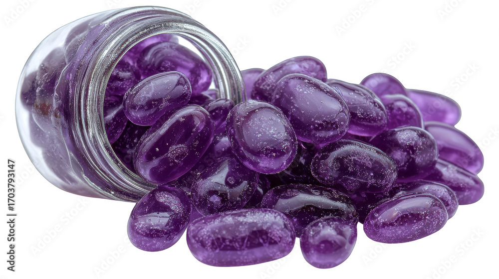 Obraz premium Purple glass pebbles spilling from small jar, glossy textured stones creating calming, decorative scene with gentle highlights