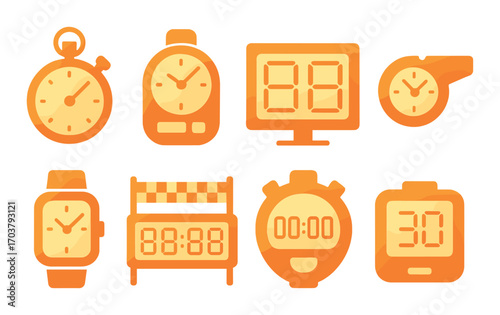 Neon orange digital and analog clocks with glow effect on gradient background