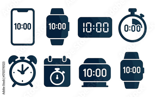 Digital time display: smartphone, smartwatch, clock, timer, calendar icons set at 10:00