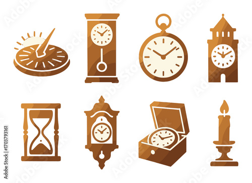 Vintage timepieces: sundial, clocks, pocket watch, hourglass, candle motif