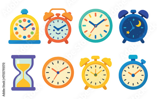 Colorful collection of alarm clocks and hourglass with playful designs