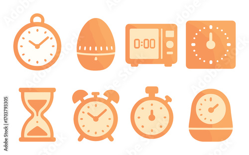 Collection of various timer and clock icons with glowing effect on brown background
