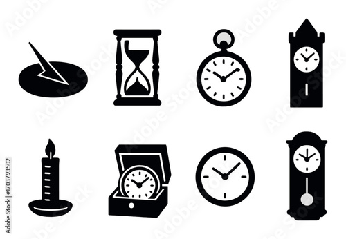 Vintage timepieces: sundial, hourglass, pocket watch, candle, wall clock, grandfather clock