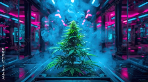Wallpaper Mural Lush cannabis plant thriving in a high-tech greenhouse with vibrant neon lighting Torontodigital.ca