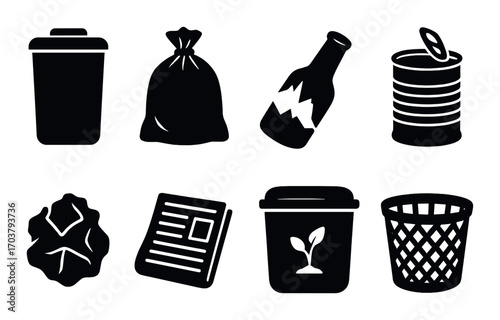 Silhouettes of recycling and waste management icons on dark background