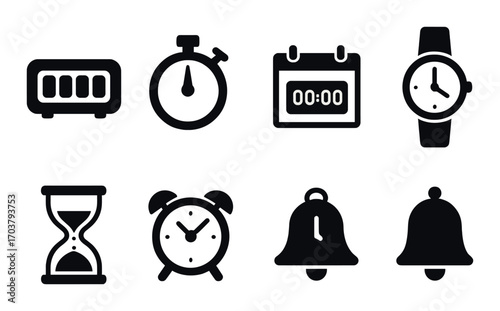 Set of eight black time management icons on dark background