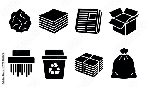 Black and white icon set: books, newspaper, open box, shredded paper, trash can, bag