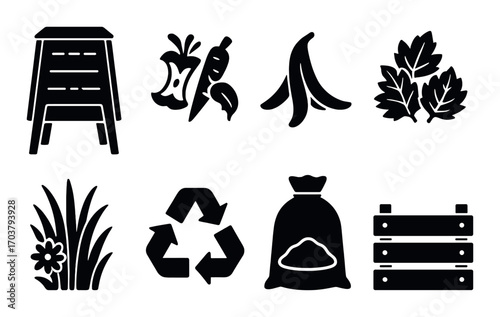 Compost icons set featuring vegetables, recycling, and organic waste symbols