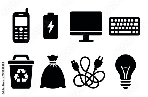 Silhouette icons: electronics recycling and technology concepts