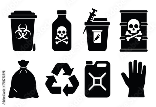 Hazardous waste icons: biohazard, skull, needle, barrel, bag, recycle, gas can, glove