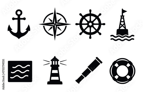 Nautical symbols: anchor, compass, wheel, buoy, waves, lighthouse, telescope, lifebuoy