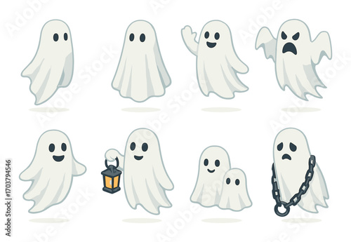 Cute cartoon ghosts with varied expressions and accessories on gray background
