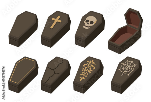Variety of decorative coffins with symbols and patterns on display