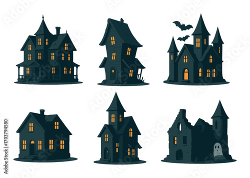 Collection of spooky haunted houses with eerie designs and glowing windows