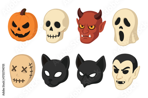 Halloween masks: pumpkin, skull, demon, ghost, zombie, cat, owl, vampire set