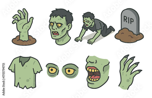 Cartoon zombies and creepy graveyard elements in spooky halloween style