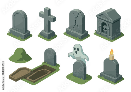Cartoon graveyard with tombstones, coffins, and ghost