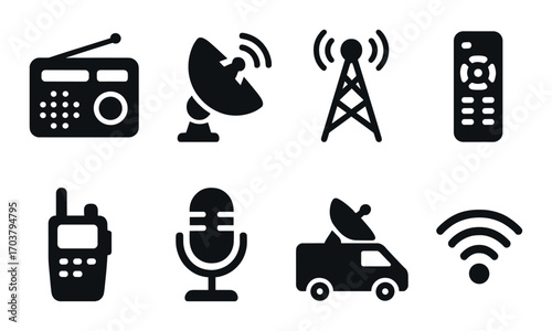 Communication icons: radio, satellite, antenna, remote, walkie-talkie, microphone, broadcast van, wifi