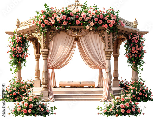 A beautiful Indian wedding mandap decorated with roses and flowers, set against isolated on a transparent background.