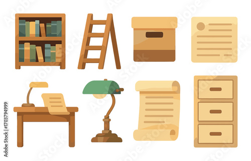 Vintage library icons set featuring bookshelf ladder lamp and files for organizational design