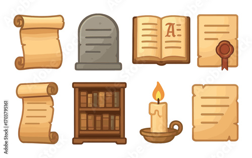 Vintage document icons: scrolls, books, candle, and library shelf