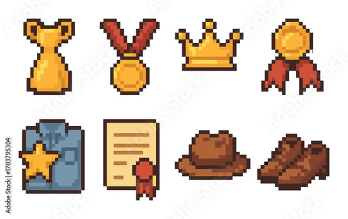 Pixel art icons of awards and objects including crown, medal, and ribbons