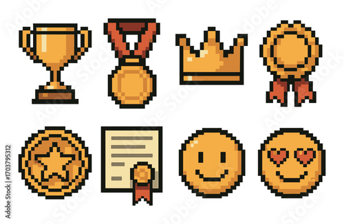 Pixel art icons: trophy, medal, crown, ribbon, star, certificate, smiley, heart eyes