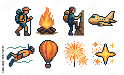 Pixel art adventure icons: hiking, climbing, travel, scuba diving, hot air balloon, fireworks
