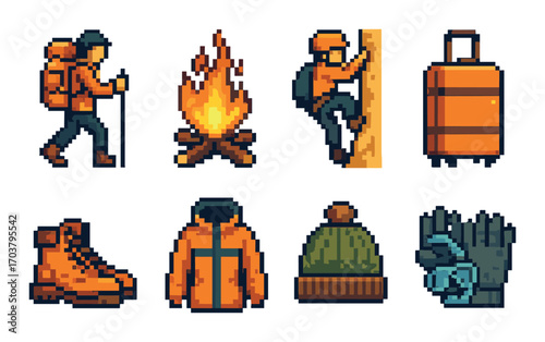 Pixel art outdoor adventure icons with hiker and camping gear