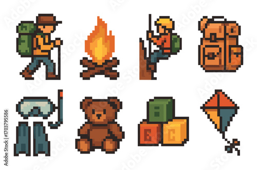 Pixel art: outdoor activities and adventure gear in retro style