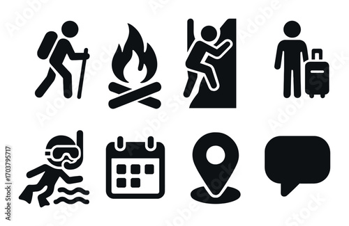 Outdoor adventure icons: hiking, climbing, snorkeling, camping, travel, navigation