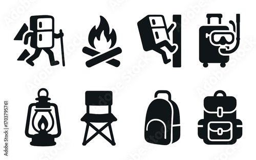 Outdoor adventure icons: hiking, camping, scuba diving, backpacking gear illustrations