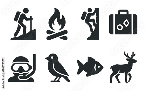Adventure icons: hiking, camping, climbing, snorkeling, wildlife symbols on dark background